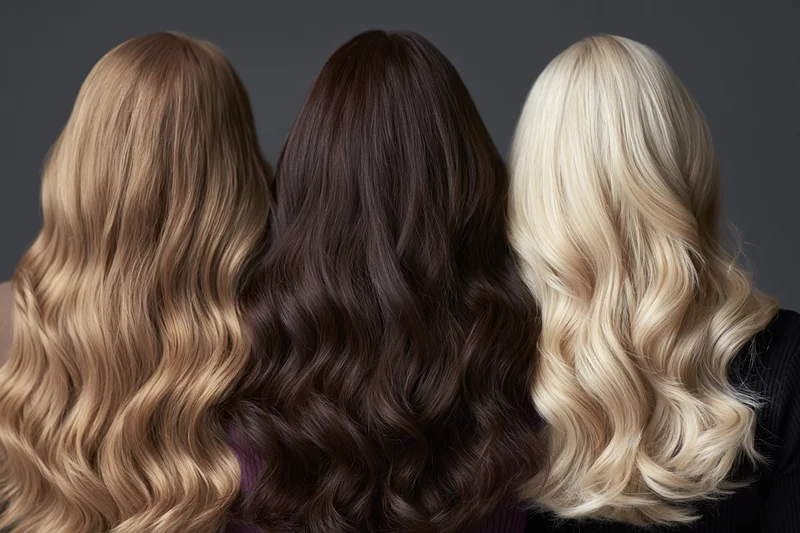 Three women from behind showing long wavy hair in blonde brunette and black tones