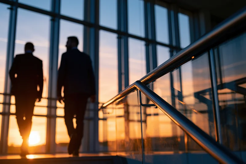 Two men in suits walking up a glass-railed staircase in an office building at sunset