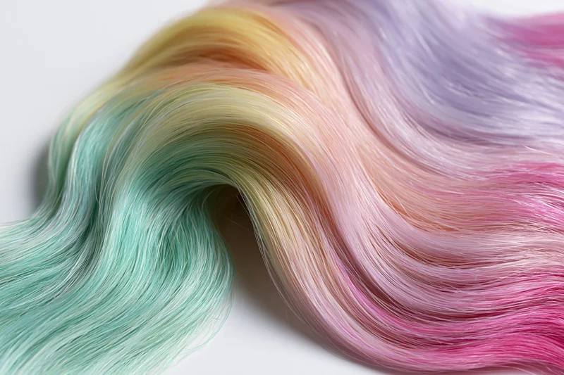 Flowing waves of dyed human hair in pastel rainbow colors displayed as a product sample