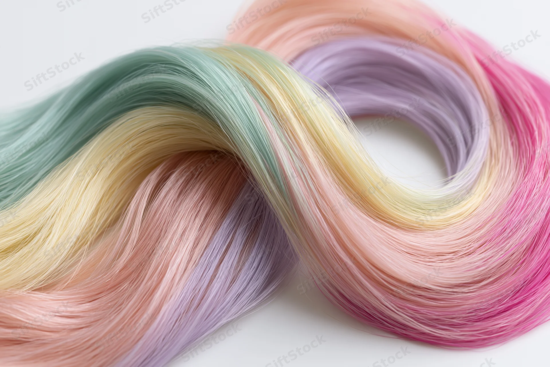 Two flowing waves of dyed pastel hair arranged in a swirl on a white background