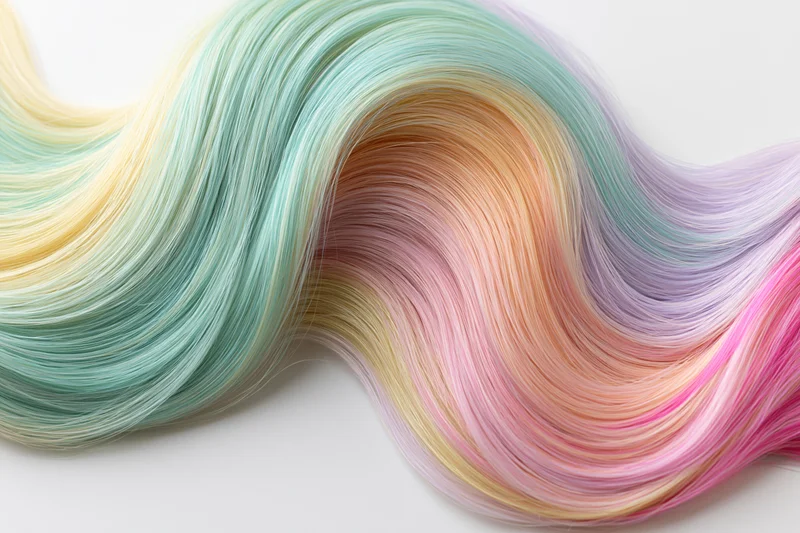 Flowing waves of pastel dyed hair arranged in a smooth gradient on a white background