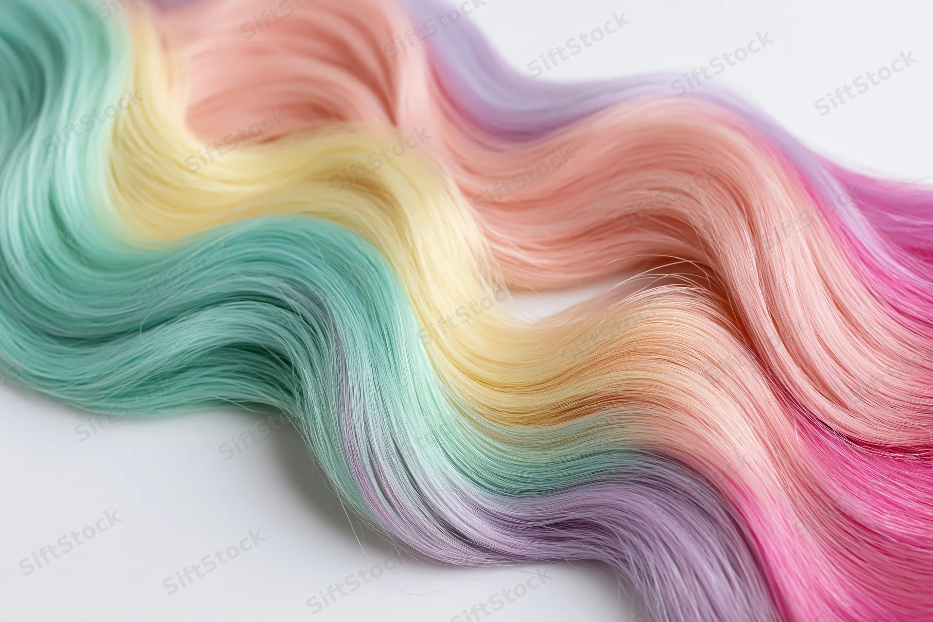 Flowing waves of dyed human hair in rainbow pastel colors displayed as a product