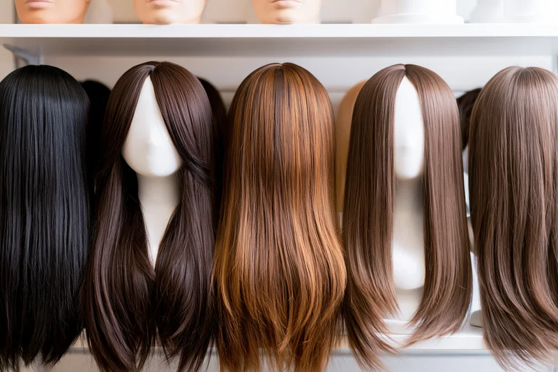 Straight wigs in various colors displayed on mannequin heads in a salon setting