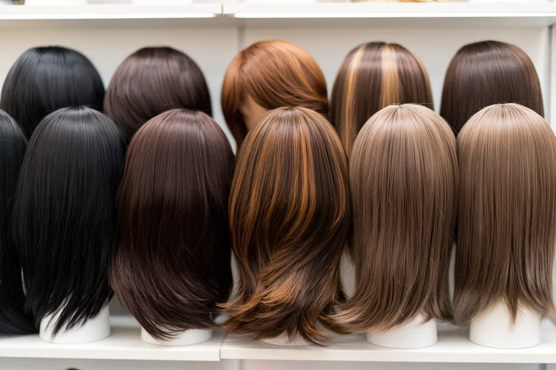 Rows of straight wigs in various colors displayed on mannequin heads on salon shelves