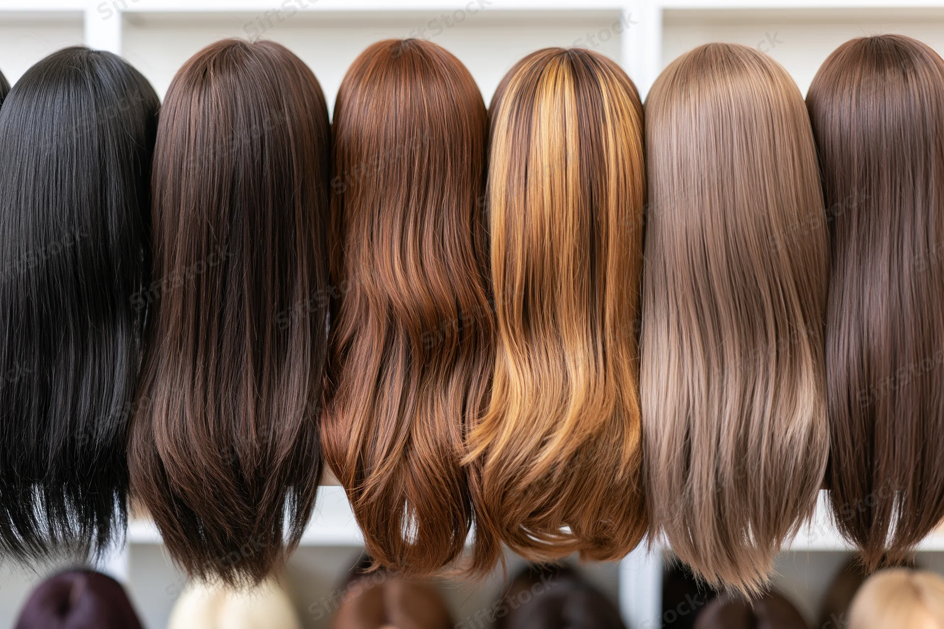 Row of straight wigs in various colors displayed on mannequin heads in a salon setting
