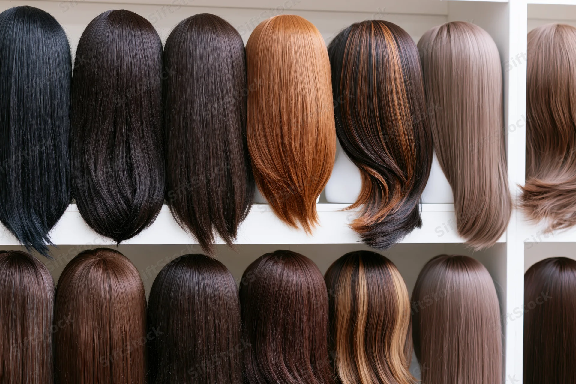Rows of straight wigs in various colors displayed on mannequin heads on shelves in a salon setting