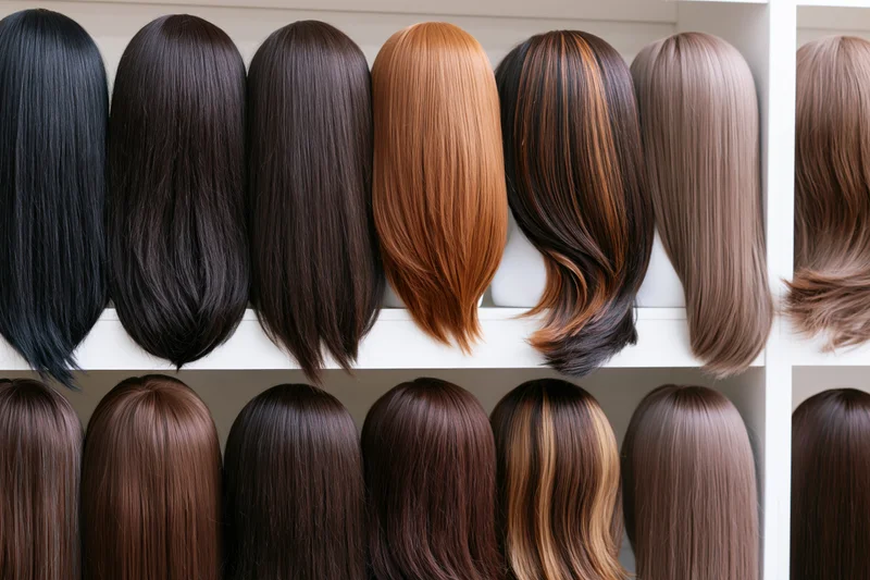 Rows of straight wigs in various colors displayed on mannequin heads on shelves in a salon setting