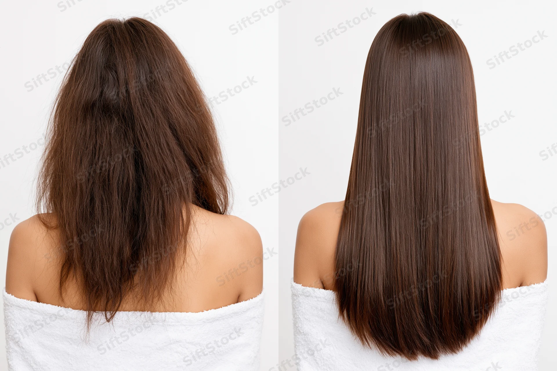 Back view of a woman showing frizzy hair before and smooth straight hair after treatment, wrapped in a white towel against white background