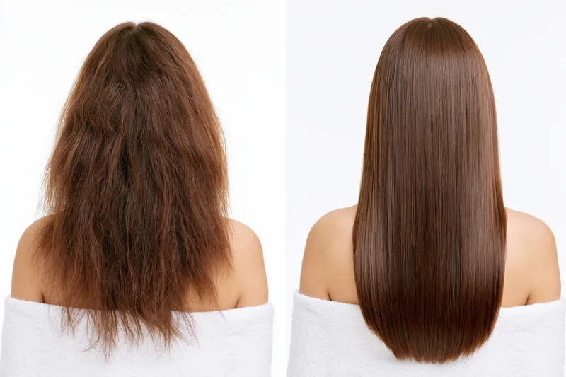 Back view of a woman with frizzy hair before and smooth straight hair after treatment, wrapped in a white towel