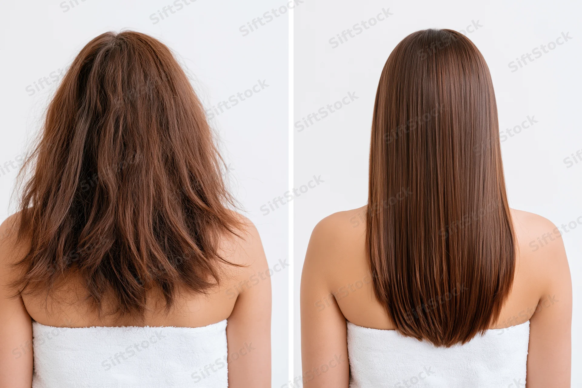 Back view of a woman showing frizzy hair before and smooth hair after treatment, wrapped in a towel