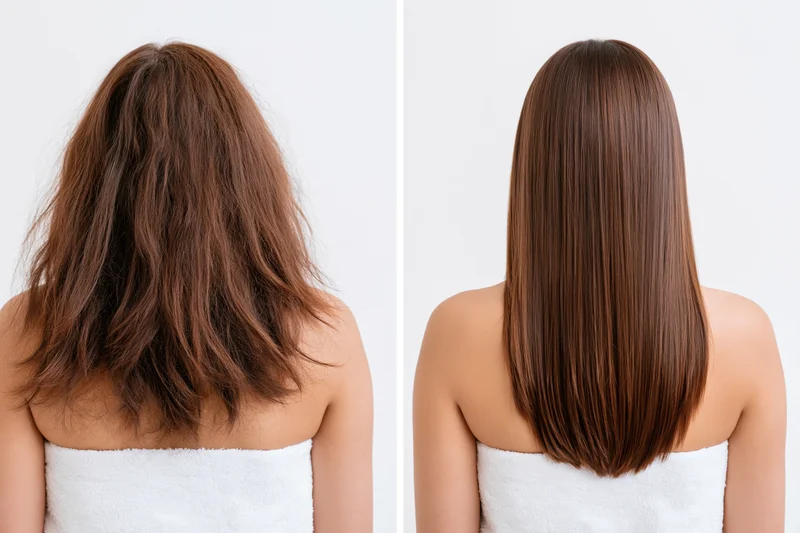 Back view of a woman showing frizzy hair before and smooth hair after treatment, wrapped in a towel