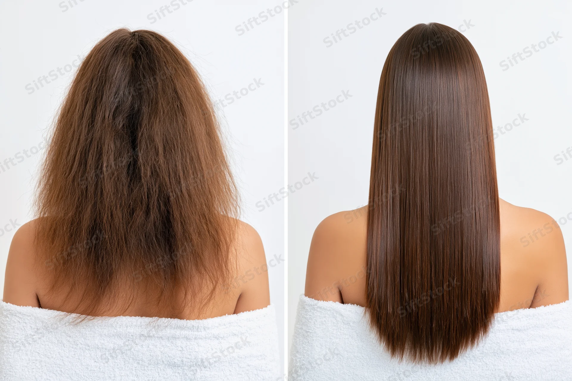 Back view of a woman showing frizzy hair before and smooth straight hair after treatment, wrapped in a towel
