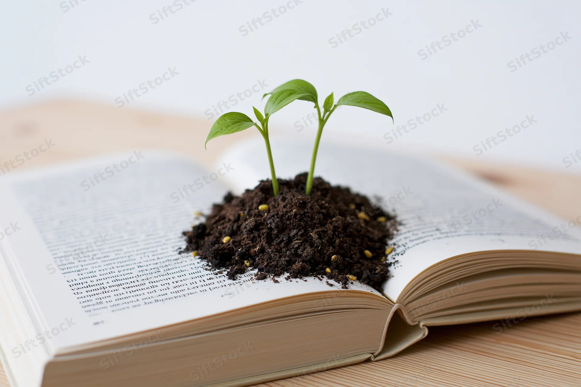 Two small green seedlings growing from soil on an open book resting on a wooden table