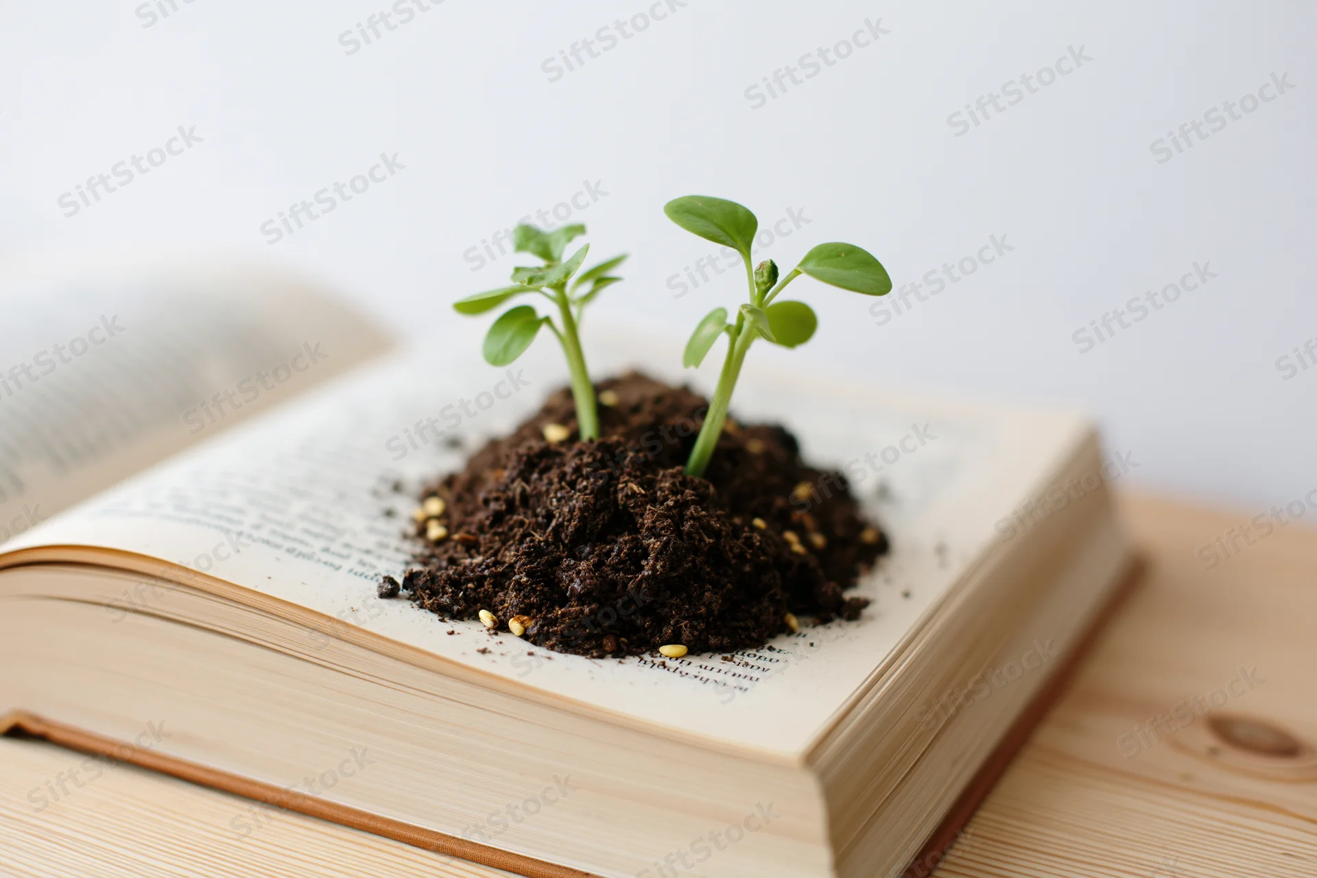 Two small green seedlings growing from soil on an open book resting on a wooden table