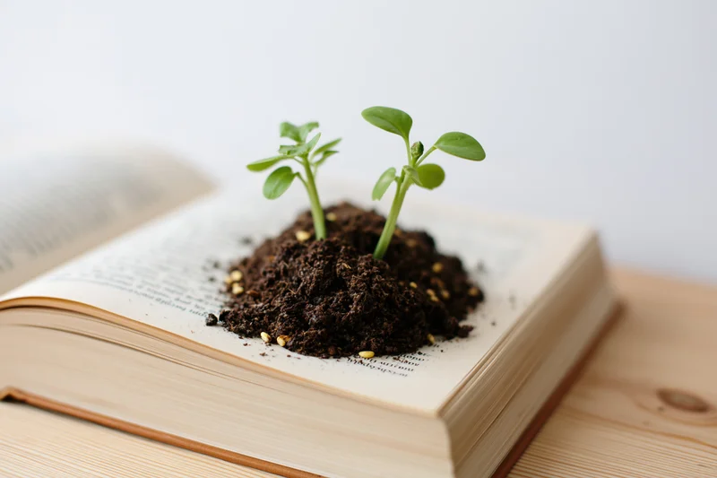 Two small green seedlings growing from soil on an open book resting on a wooden table