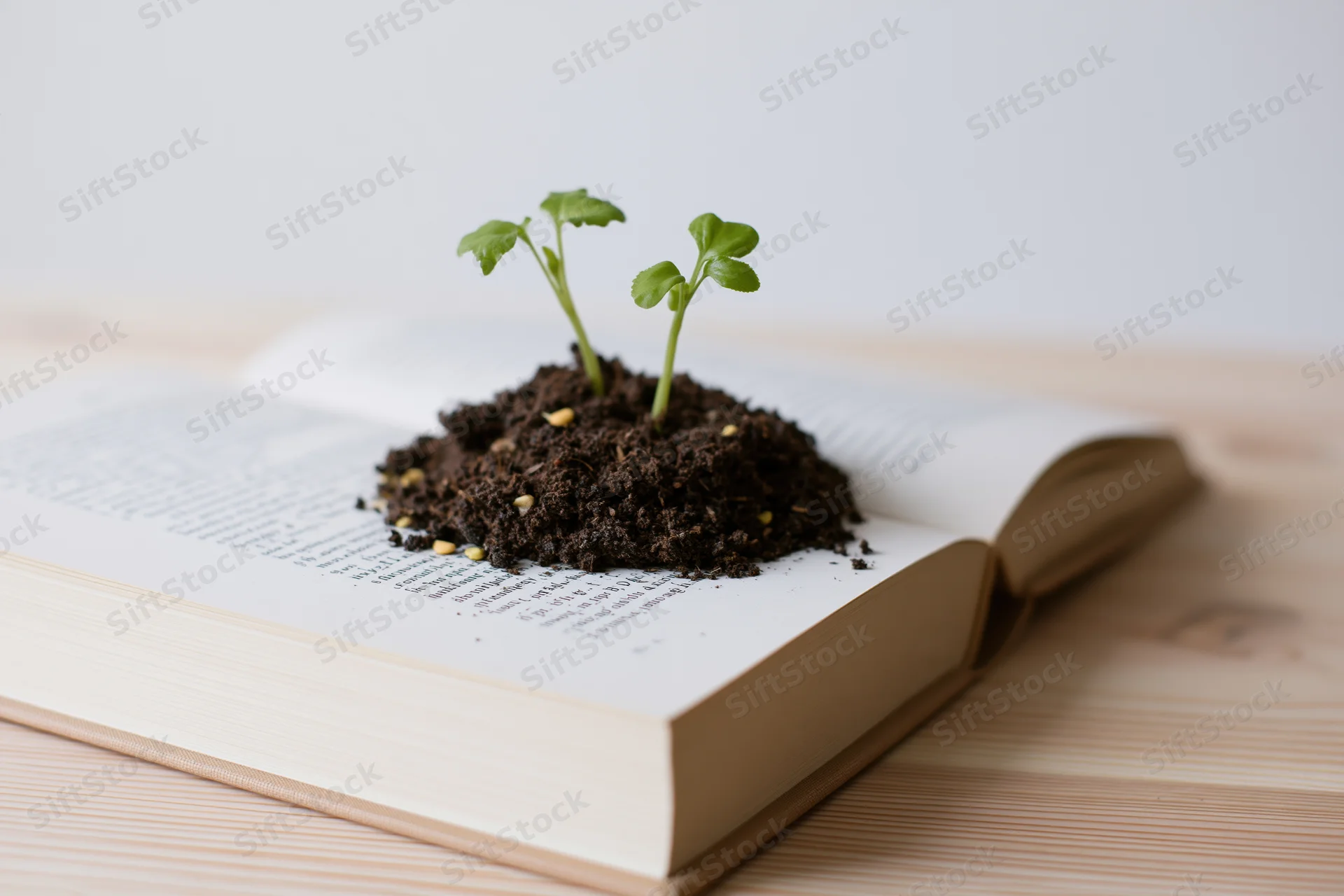 Two small green seedlings growing from soil on an open book resting on a wooden table