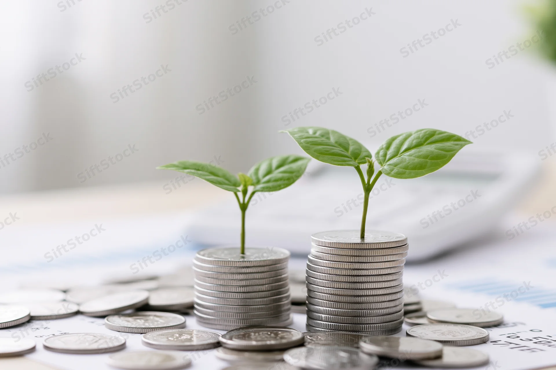Two small green seedlings growing from stacks of silver coins on a financial document on a desk