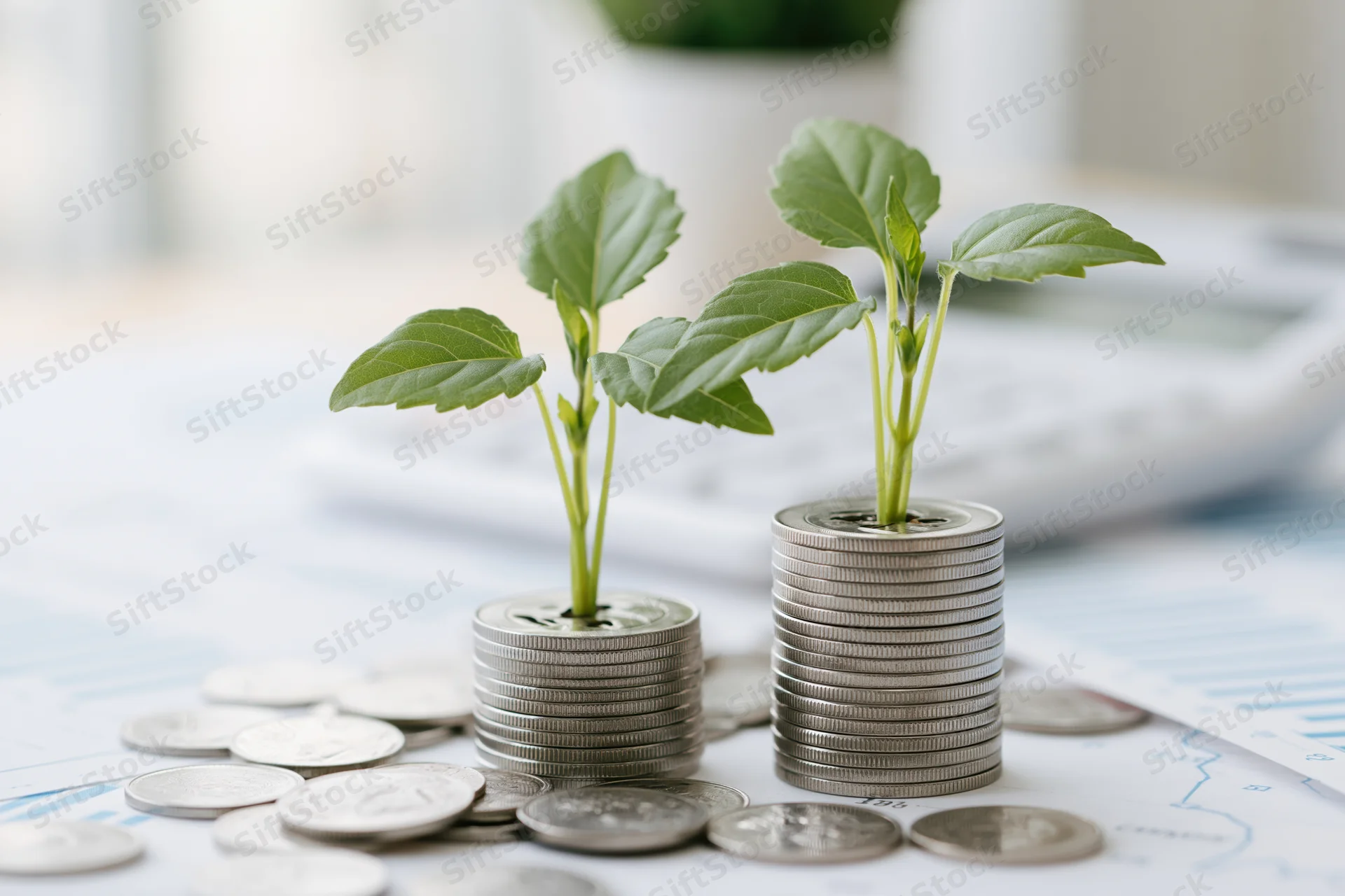 Two small green seedlings growing from stacks of silver coins on a desk with financial documents and charts