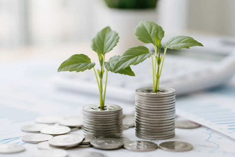 Two small green seedlings growing from stacks of silver coins on a desk with financial documents and charts