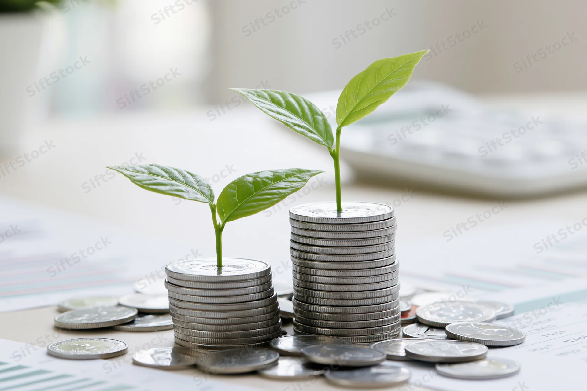 Two green seedlings growing from stacks of silver coins on a desk with financial documents and a calculator