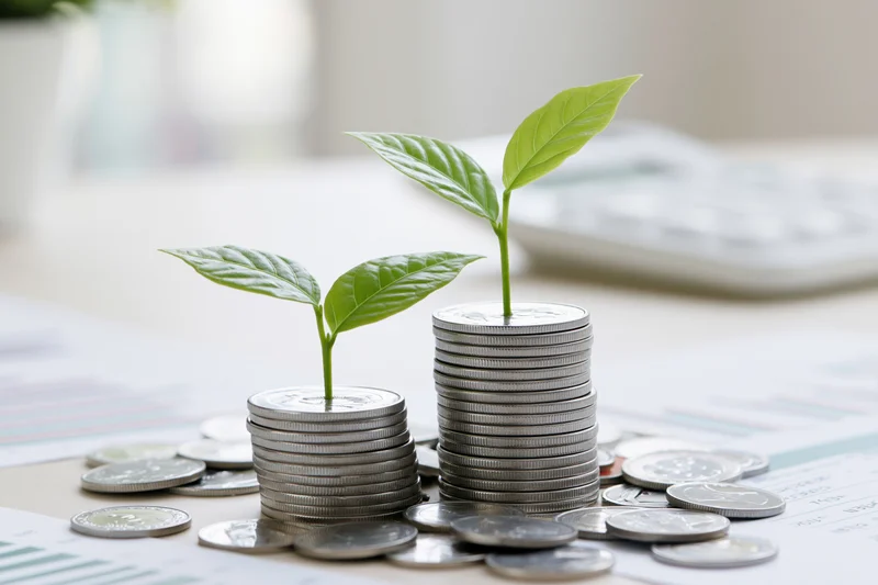 Two green seedlings growing from stacks of silver coins on a desk with financial documents and a calculator