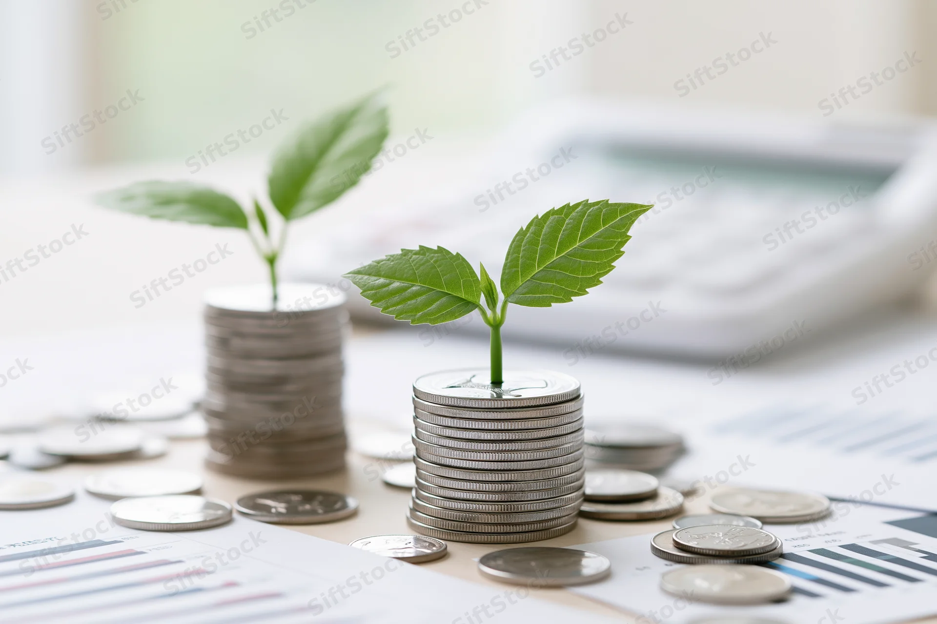 Small green seedlings growing from stacks of silver coins on a desk with financial documents and charts