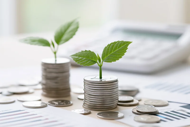 Small green seedlings growing from stacks of silver coins on a desk with financial documents and charts