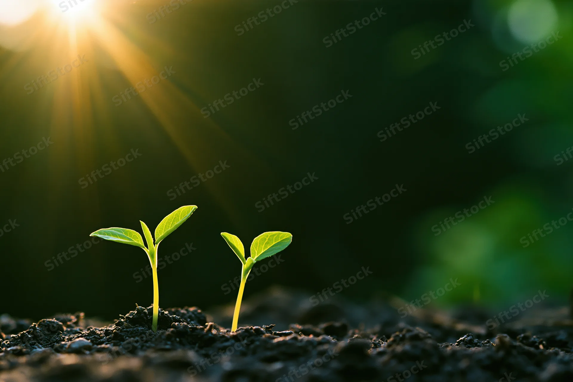 Two small green seedlings sprouting from dark moist soil with sunlight shining from above