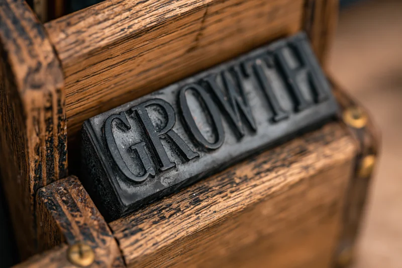 Vintage metal letterpress type spelling growth resting inside a wooden box