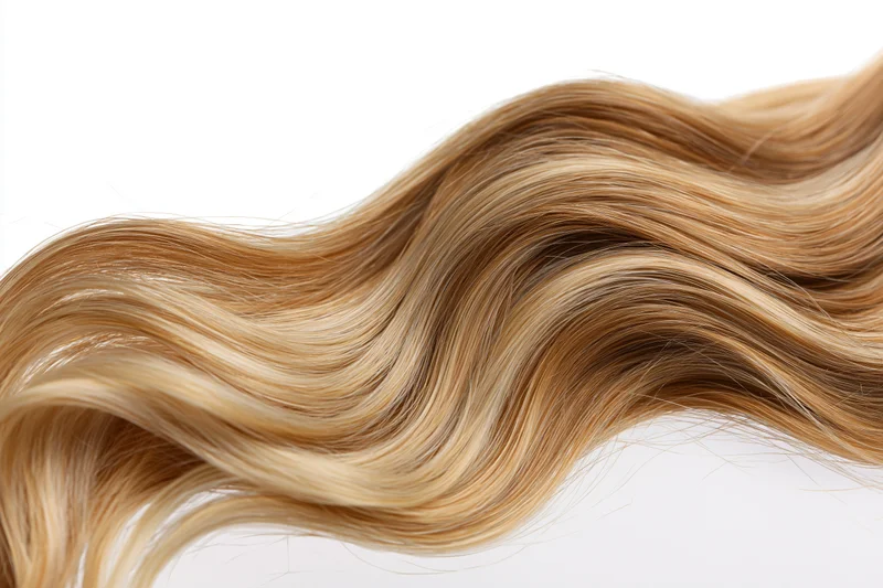 Wavy blonde hair extension floating against white background