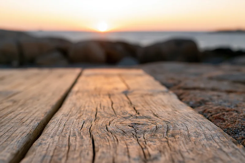 Weathered wooden planks leading toward ocean at sunset from ground level