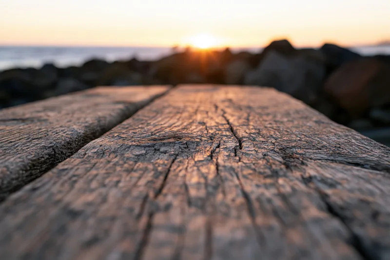 Weathered wooden plank surface leading toward sunset over ocean at dusk