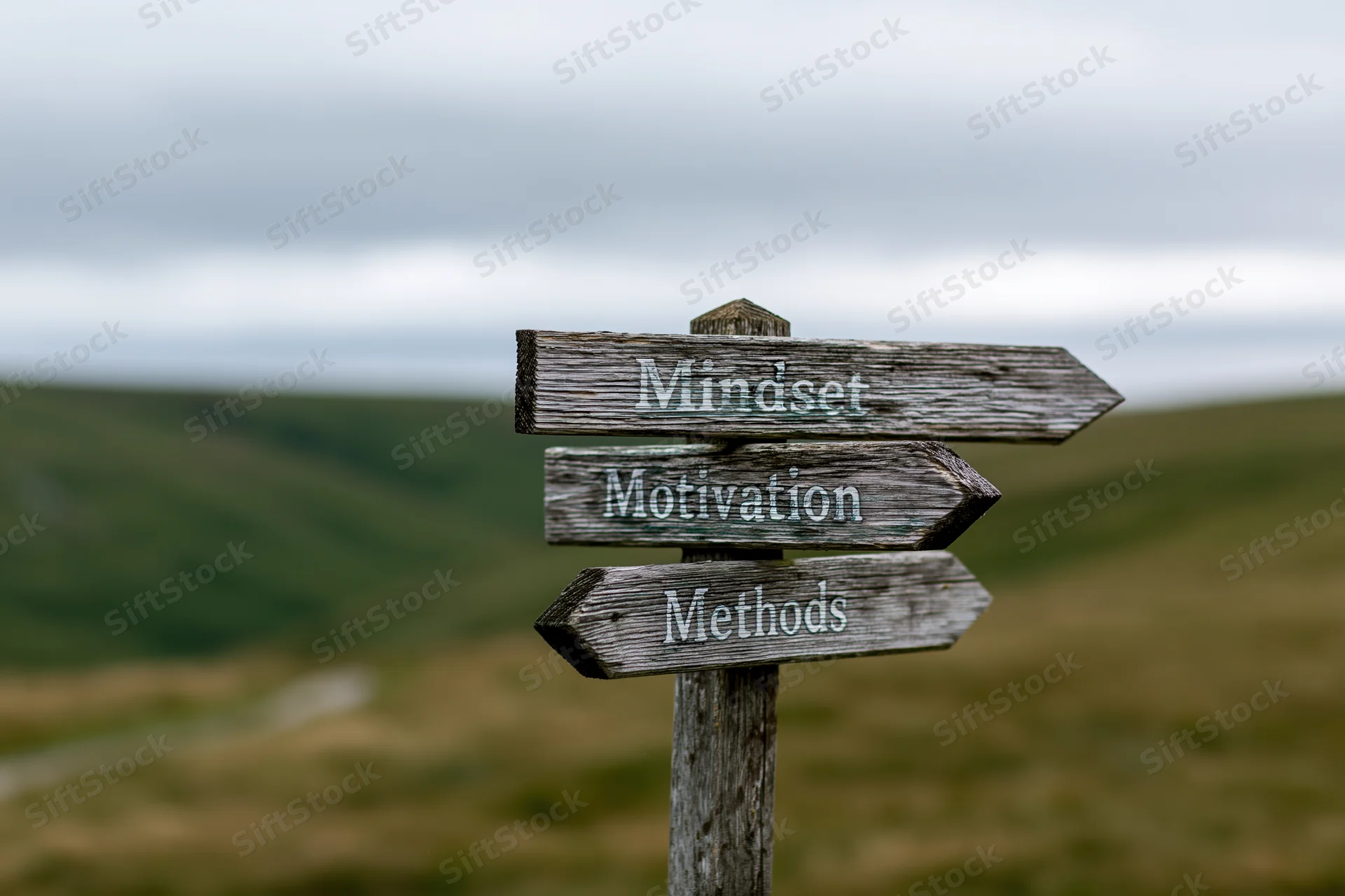 Weathered wooden signpost with three directional arrows labeled mindset, motivation, methods in a rural landscape
