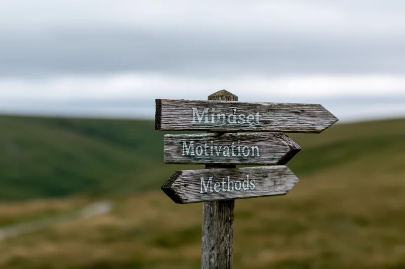 Weathered wooden signpost with three directional arrows labeled mindset, motivation, methods in a rural landscape