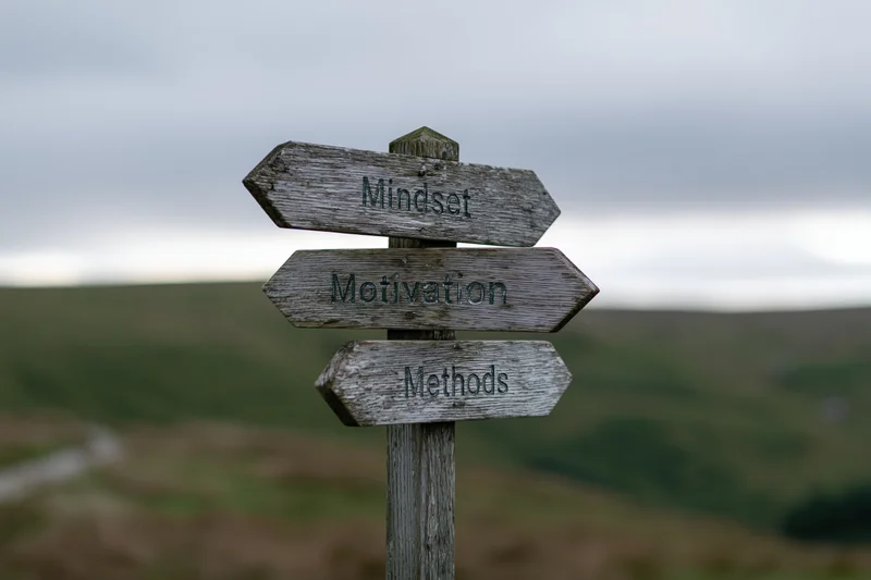 Weathered wooden signpost with three directional arrows labeled mindset, motivation, methods in a rural landscape