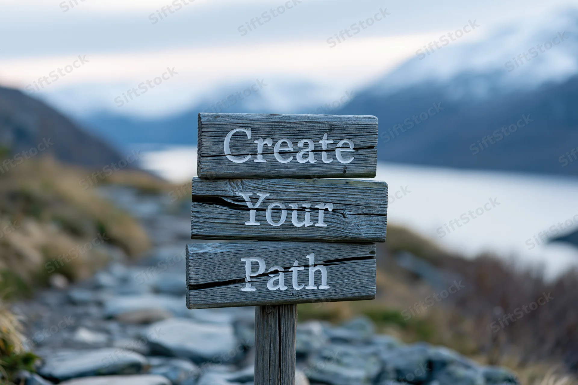 Weathered wooden signpost with stacked planks reading create your path on a rocky trail overlooking mountains and a lake