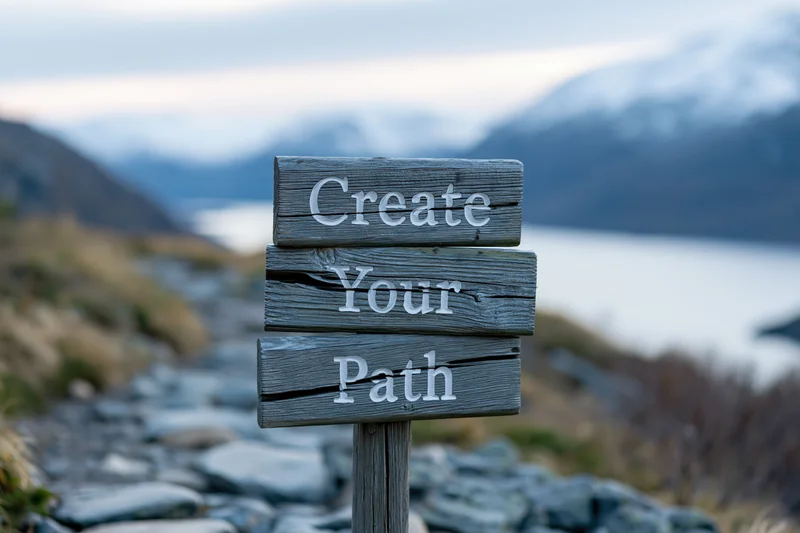 Weathered wooden signpost with stacked planks reading create your path on a rocky trail overlooking mountains and a lake