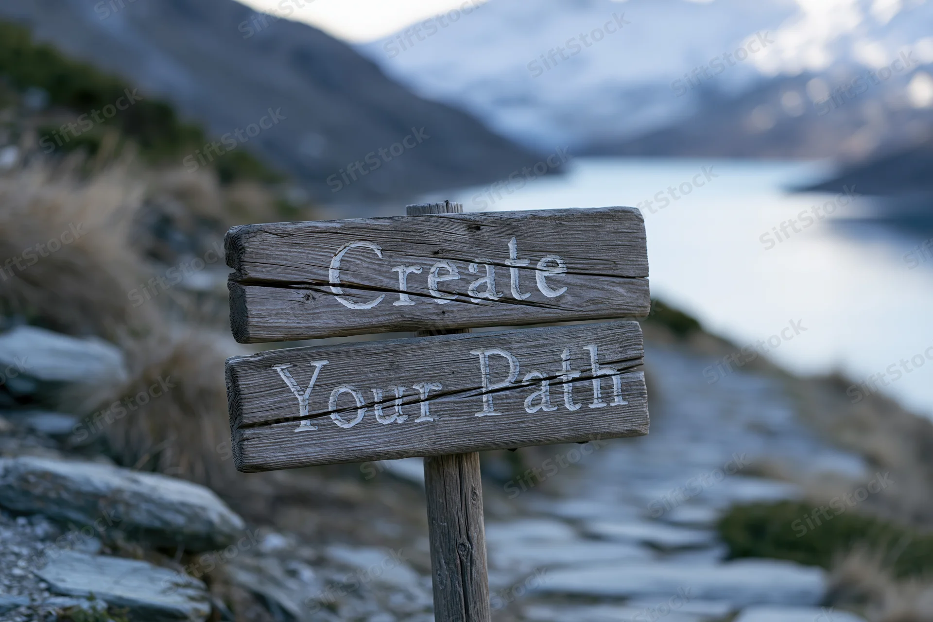 Weathered wooden sign reading create your path on a mountain trail beside a lake