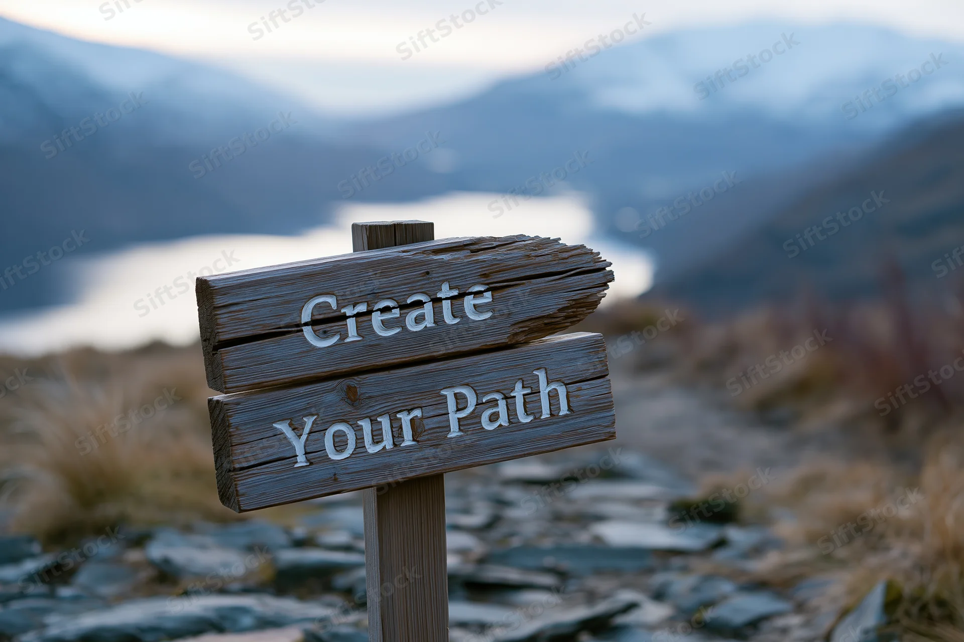 Weathered wooden sign reading create your path on a mountain trail overlooking a lake and snow-covered peaks at dusk