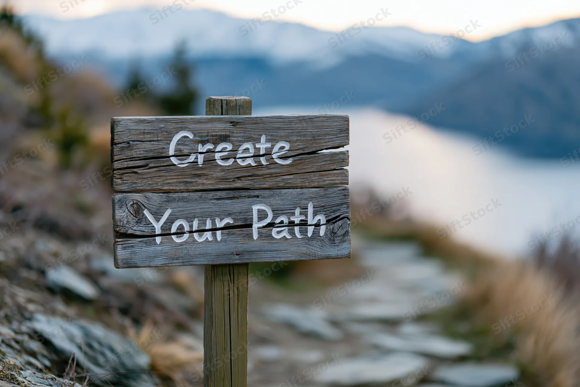 Weathered wooden sign reading create your path on a mountain trail with foggy valley below
