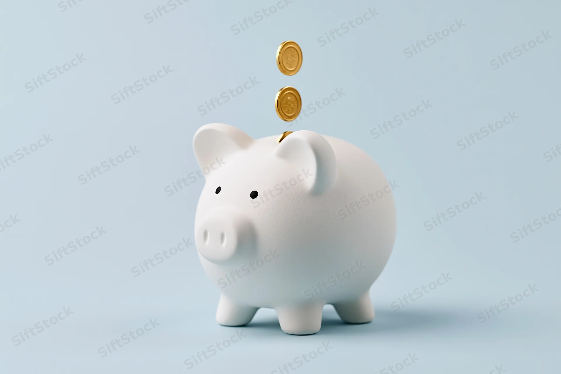 White ceramic piggy bank with gold coins falling into slot on light blue background