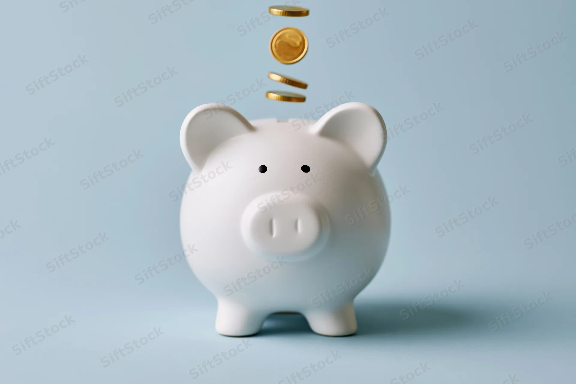 White ceramic piggy bank with gold coins falling into slot against light blue background
