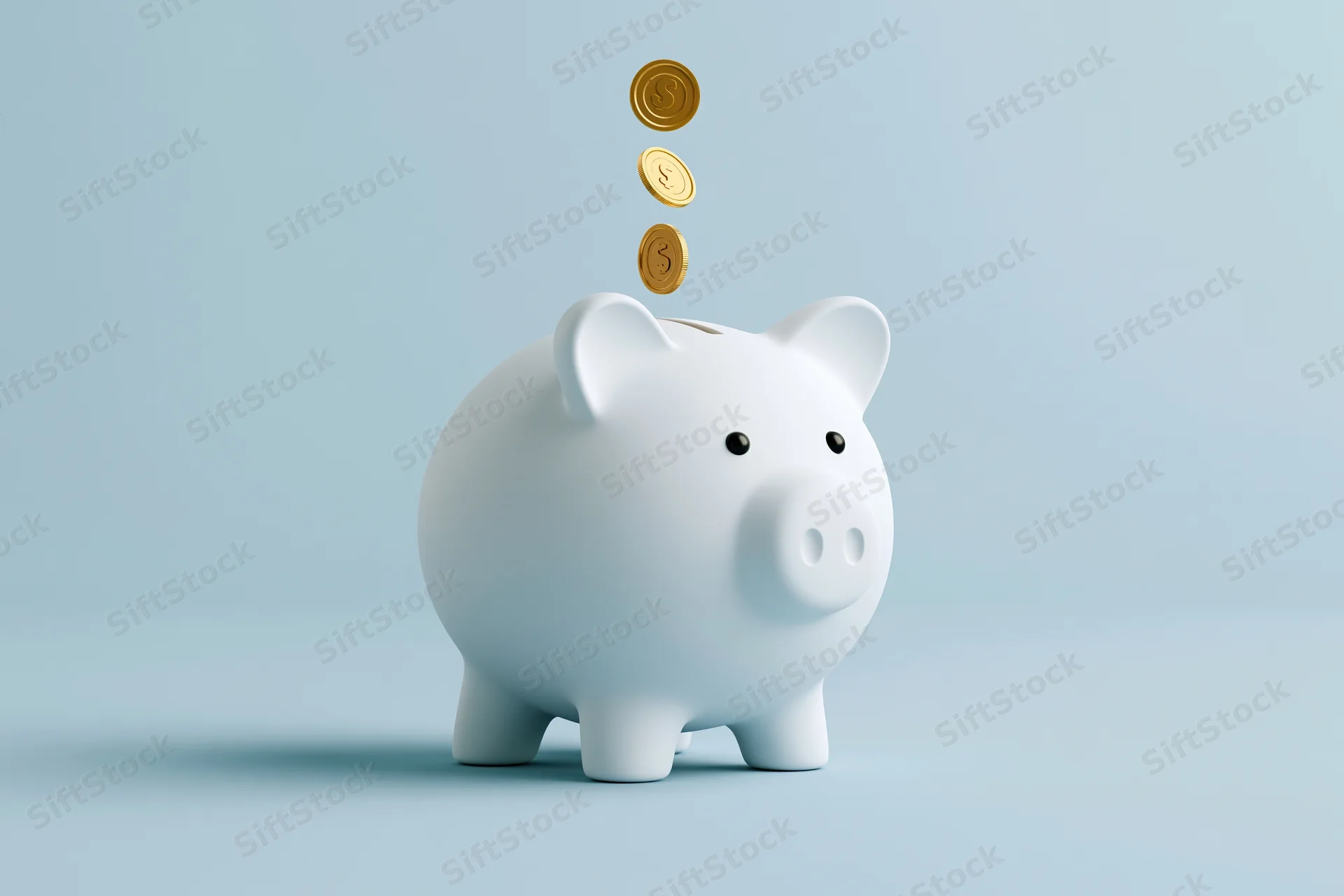White ceramic piggy bank with gold coins falling into slot on light blue background