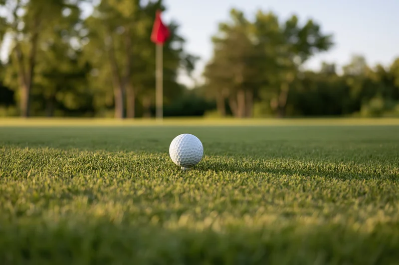 White golf ball resting on a closely mowed putting green with red flag in background