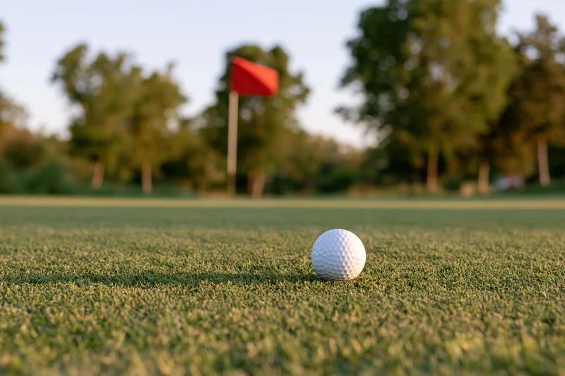 White golf ball resting on a closely mowed putting green with red flag in background