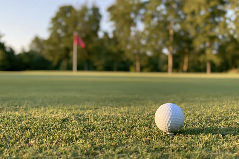 Golf ball resting on a putting green with flag in background