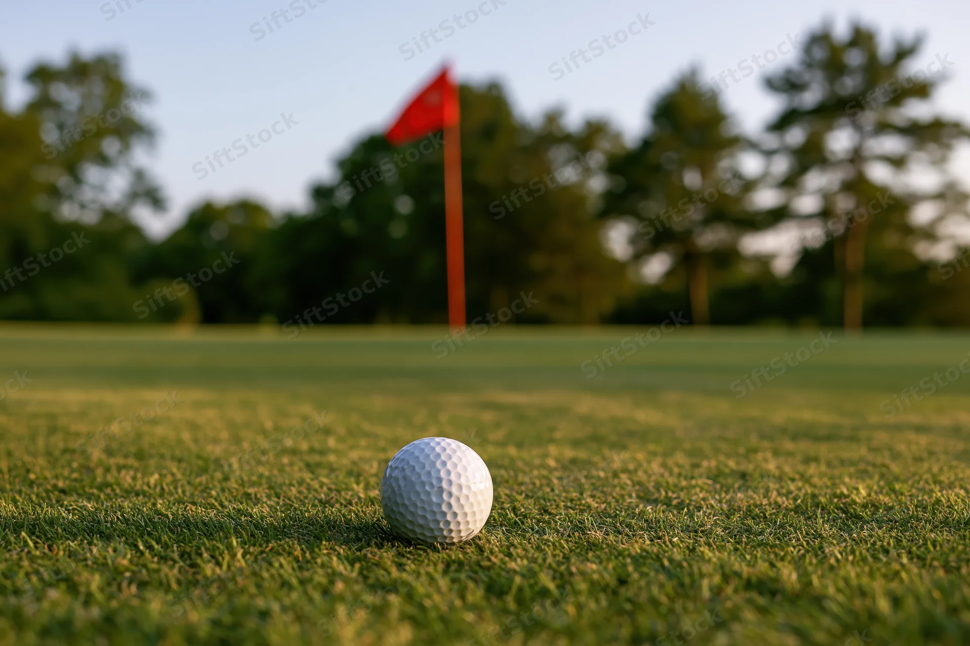 White golf ball resting on a closely mowed putting green with red flag in background