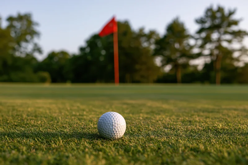 White golf ball resting on a closely mowed putting green with red flag in background