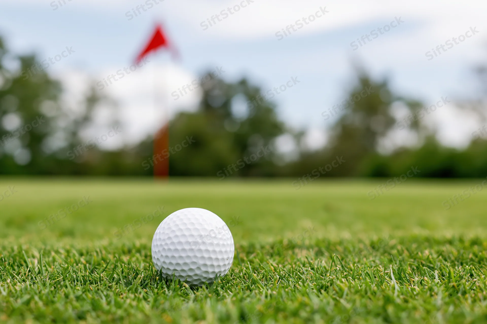 White golf ball resting on a closely mown putting green with red flag in background