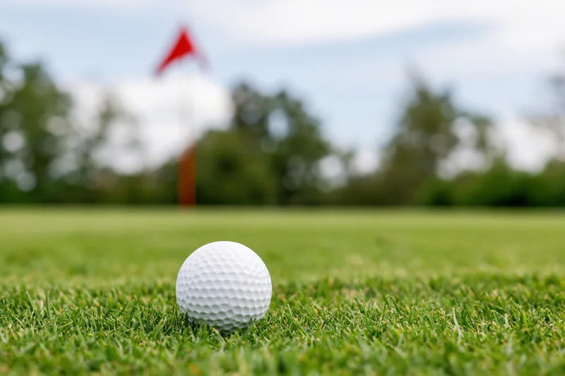 White golf ball resting on a closely mown putting green with red flag in background